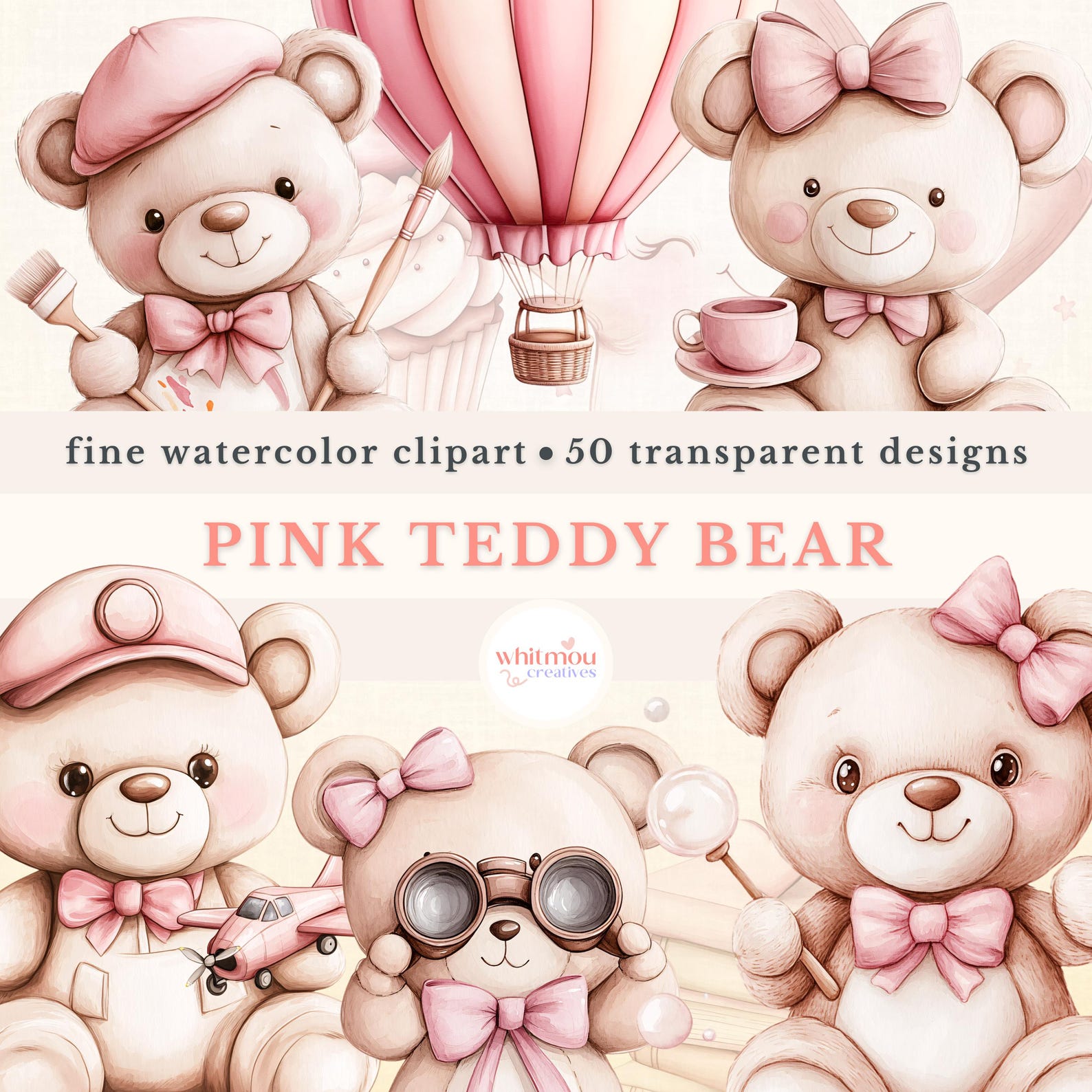 Watercolor Pink Teddy Bear Clipart Bundle: Baby Shower PNG (digital ...