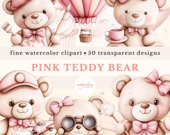 Watercolor Pink Teddy Bear Clipart Bundle: Baby Shower PNG (Digital Download)