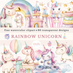 Bundle de cliparts aquarelle licorne rose licorne rose Pngs Clipart de douche de bébé bébé fille premier anniversaire Clipart décoration magique de chambre d'enfant