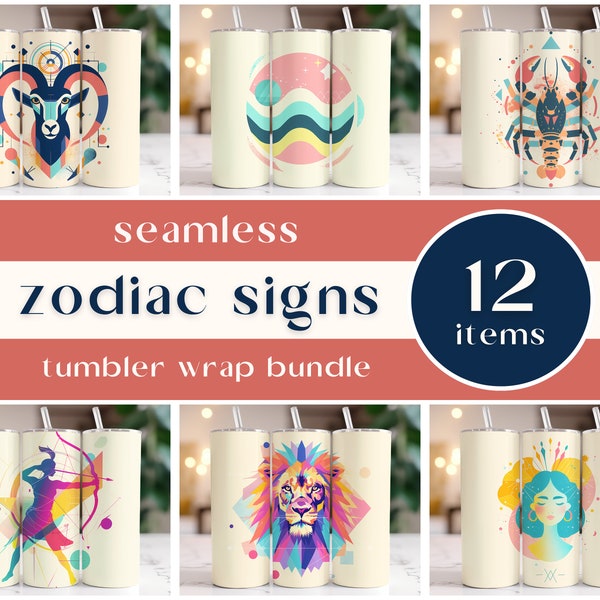 Zodiac Signs Seamless 20oz Skinny Tumbler Wrap, Astrology Signs Designs, Digital Sublimation 300DPI PNG Instant Download, Celestial Bundle