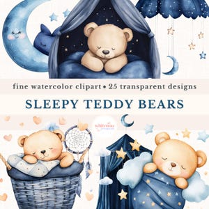 Bundle de cliparts aquarelle ours en peluche bleu à usage commercial PNG Bundle mignon bébé ours baby shower Clipart Set Clipart chambre d'enfant