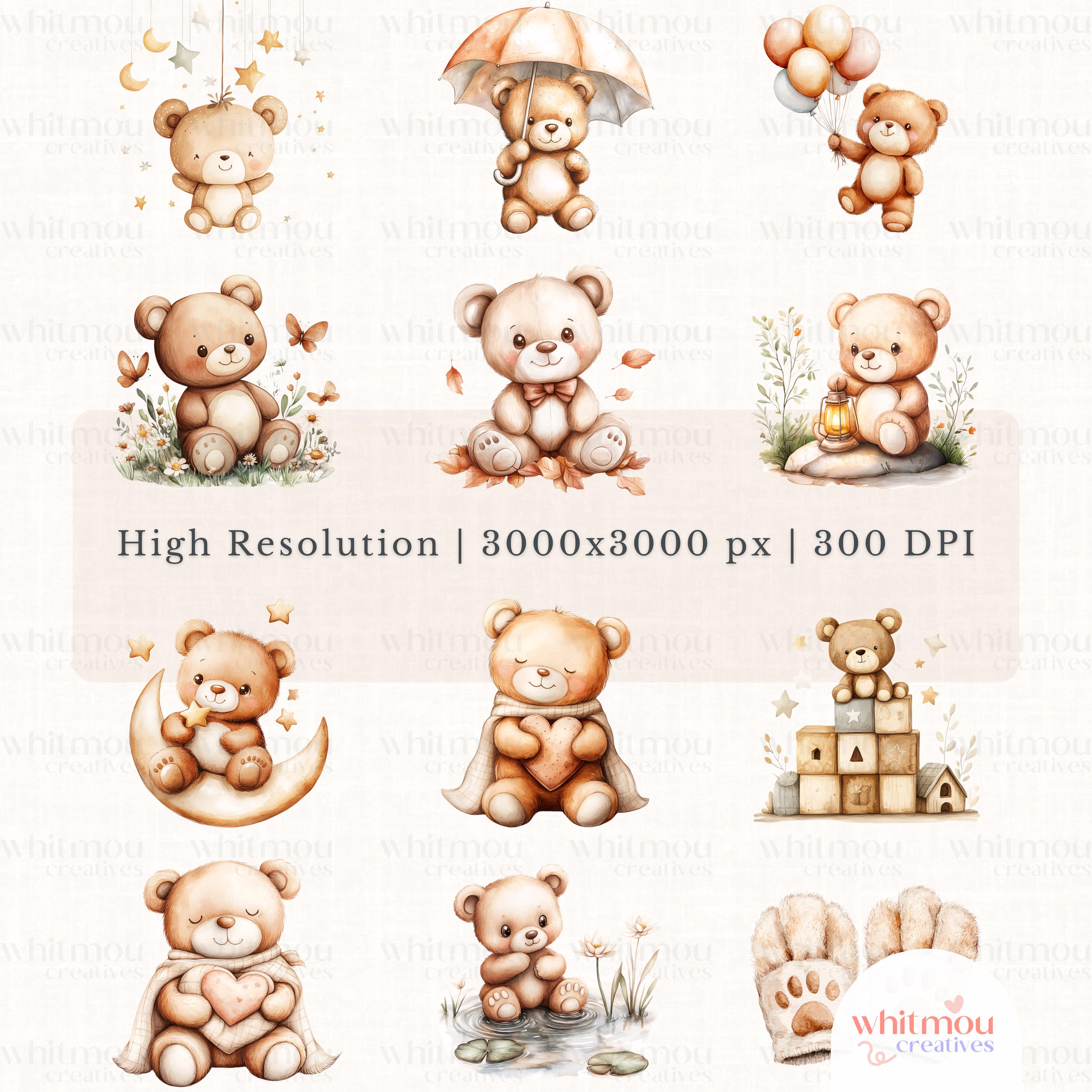 Watercolor Teddy Bear Clipart Bundle: Boho Nursery PNG (digital ...