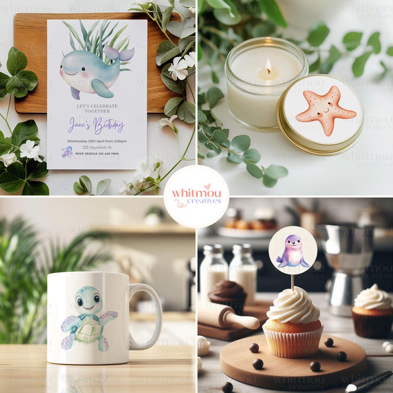 Peut inclure: Un ensemble de d&eacute;corations de f&ecirc;te sur le th&egrave;me de l'oc&eacute;an avec une baleine, une &eacute;toile de mer, une tortue et un phoque. Les d&eacute;corations comprennent une invitation d'anniversaire, une bougie, un topper pour cupcake et une tasse.