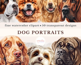 Watercolor Dog Portraits Clipart, 50 Breeds PNG Bundle (Commercial Use)