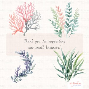 Peut inclure: Illustrations &agrave; l'aquarelle de diff&eacute;rentes formes de vie marine, notamment des coraux, des algues et des herbes marines. Les illustrations sont dans des tons de rose, vert, bleu et violet. Le texte "Merci de soutenir notre petite entreprise !" est &eacute;crit sur un fond rose clair.