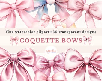 Lot de cliparts aquarelle rose coquette noeud (PNG, usage commercial)