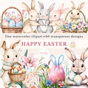 Aquarell Ostern Clipart Bundle Kommerzielle Nutzung Ostereier PNG Bundle Frohe Ostern Designs Niedliche Osterhasen Osterkorb Kranz Grafik