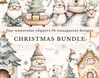 Lot de cliparts Noël aquarelle : hiver rustique PNG (usage commercial)