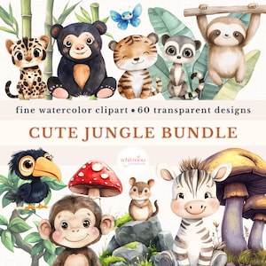 Bundle de cliparts aquarelle mignons animaux de la jungle à usage commercial animaux de safari PNG Bundle Clipart baby shower mignon cliparts chambre d'enfants animaux bébé