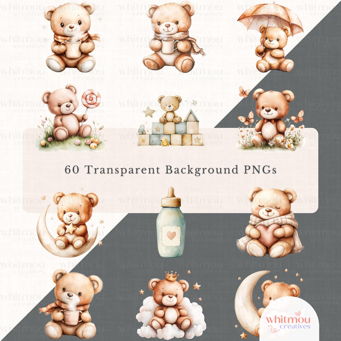 Watercolor Teddy Bear Clipart Bundle: Boho Nursery PNG (digital ...