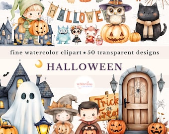 Watercolor Halloween Clipart Bundle: Ghost, Pumpkin, Trick or Treat (PNGs, Digital Download
