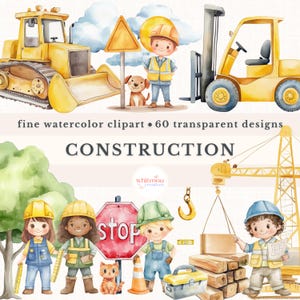 Aquarell Bau Clipart Bundle niedlich Bauarbeiter Clipart Jungen Zimmer Kinderzimmer Dekoration Kipper Bulldozer Bagger Clipart