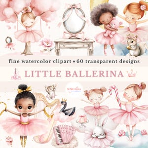 Clipart di ballerina ad acquerello Clipart di balletto rosa Set di clipart di ballerina carina Pacchetto di clipart di baby shower Decorazione per la cameretta dei bambini Compleanno di una bambina