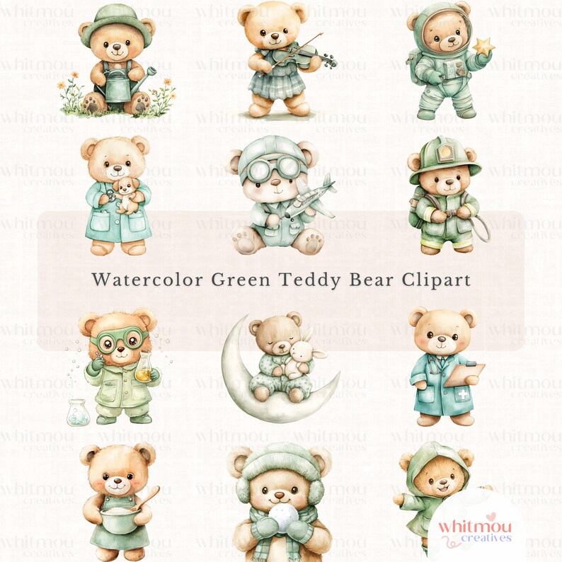 Watercolor Green Teddy Bear Clipart: Baby Shower Nursery Decor (digital ...
