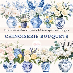 Aquarel chinoiserie bloemen clipart set stoffige blauwe bloemboeketten PNG kleurrijke bloemen vazen rozen hortensia bruiloft uitnodiging clipart