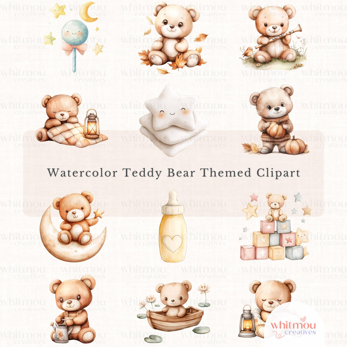 Watercolor Teddy Bear Clipart Bundle: Boho Nursery PNG (digital ...
