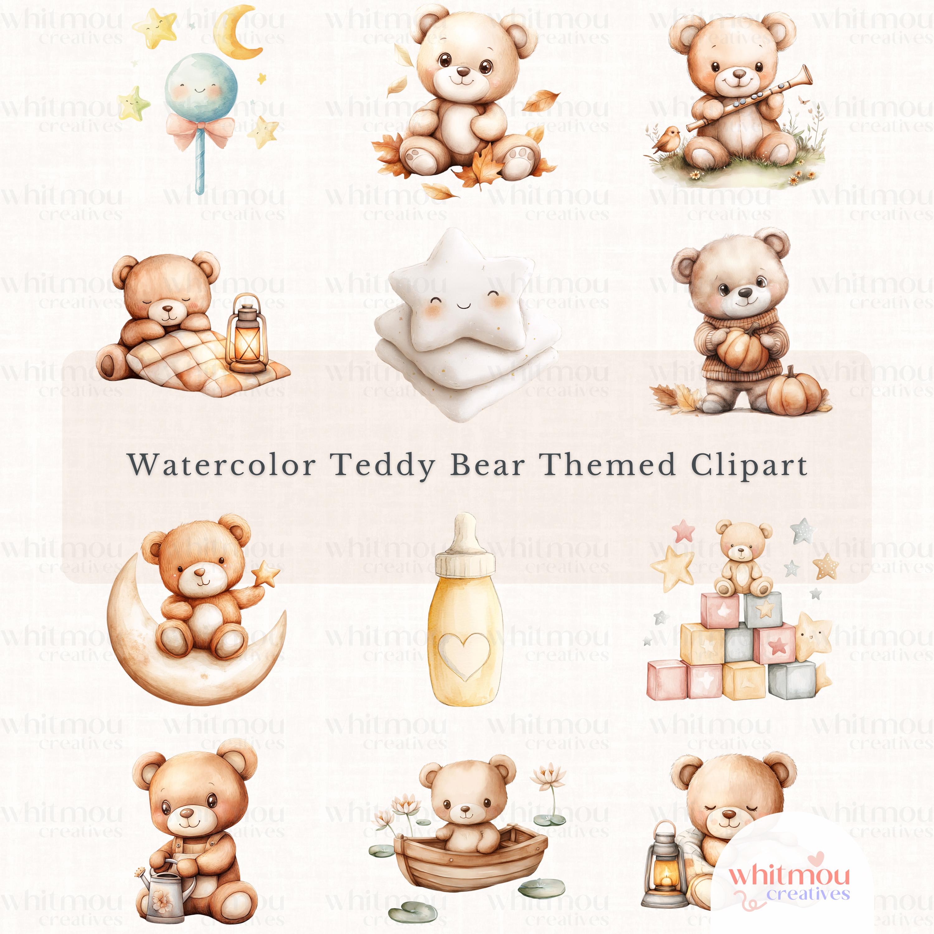 Watercolor Teddy Bear Clipart Bundle: Boho Nursery PNG (digital ...
