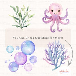 Peut inclure: Illustration aquarelle d'une pieuvre, d'algues, de corail et de bulles. La pieuvre est violette et a un visage joyeux. Les algues sont vertes et le corail est rose et bleu. Les bulles sont bleues, violettes et roses.