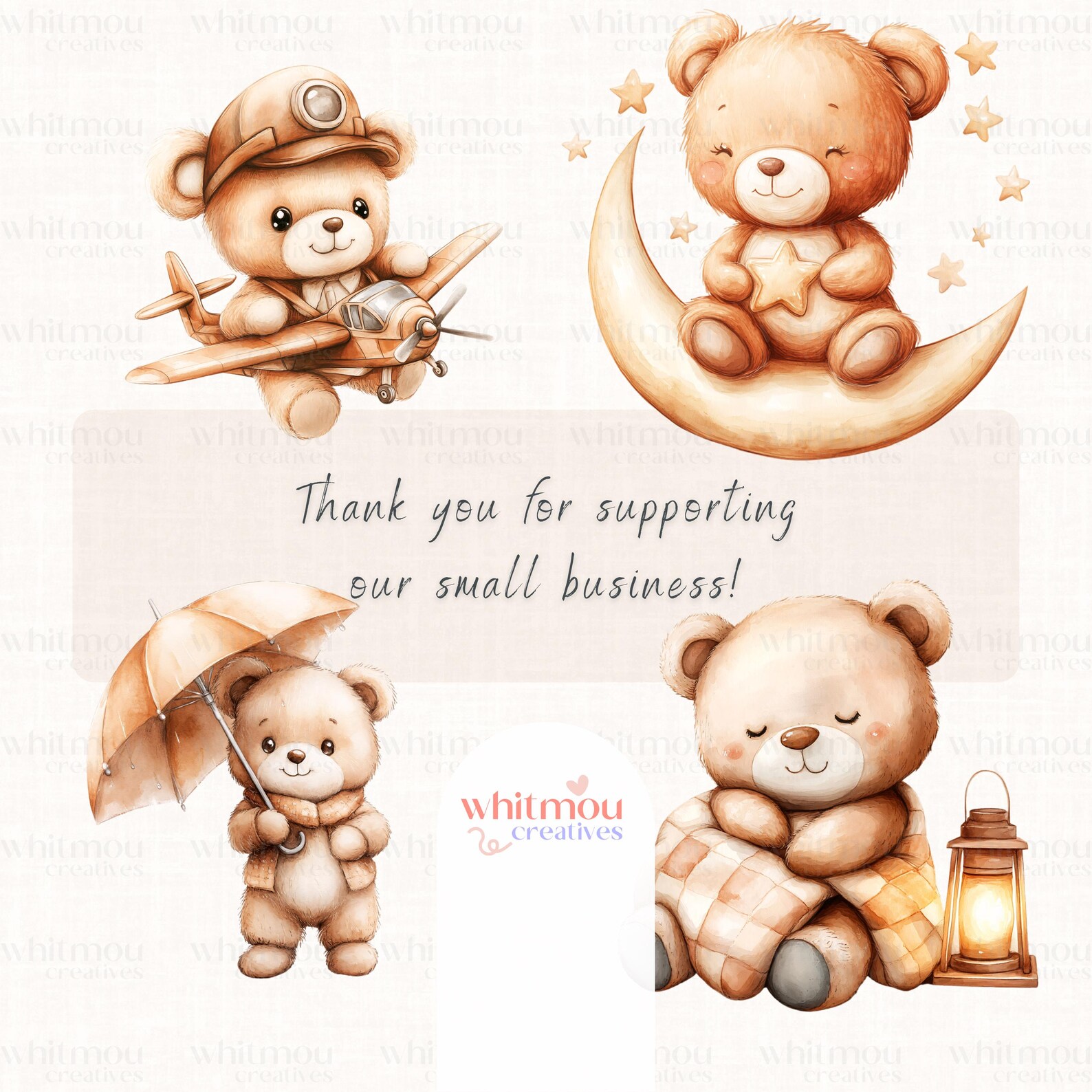 Watercolor Teddy Bear Clipart Bundle: Boho Nursery PNG (digital ...