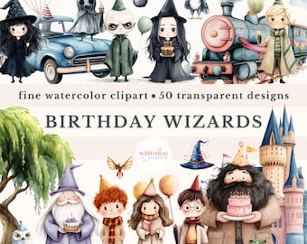 Clipart de cumpleaños de mago en acuarela: Tema escolar (Descarga digital)