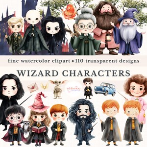May include: Watercolor clipart featuring various wizard characters. The image includes illustrations of wizards with wands, cloaks, and hats. The text "WIZARD CHARACTERS" is displayed prominently, along with the phrase "fine watercolor clipart • 110 transparent designs."