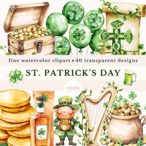 Aquarell St Patrick&#39;s Day Clipart Bundle Kommerzielle Nutzung Shamrock PNG Bundle Irish Green Designs Glücklicher St Patrick Tag Festliche Zwerge Pngs