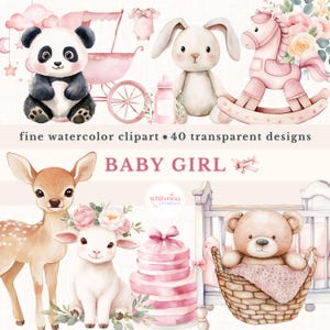 Aquarell rosa Baby Mädchen Clipart Bundle Es ist ein Mädchen Clipart Baby Shower Clipart PNGs ersten Geburtstag Clipart Kinderzimmer Dekoration