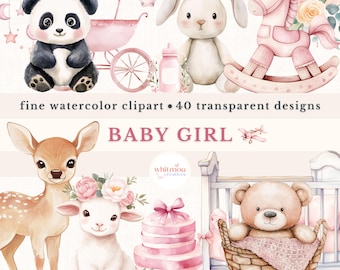 Watercolor Baby Girl Clipart: Pink Nursery PNG Bundle (Digital Download)