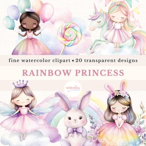 Bundle de cliparts petite princesse et licorne aquarelle fée arc-en-ciel Pngs Clipart rose baby shower bébé fille premier anniversaire décoration de chambre d'enfant mignonne