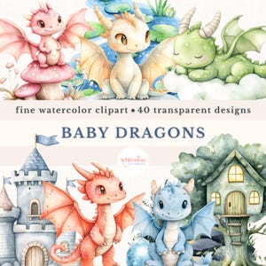 Aquarelle bébé dragon PNG Bundle Adorables dragons PNG Bundle conte de fées Clipart Magical Kingdom Designs décoration de chambre d'enfant mignonne fête d'enfants