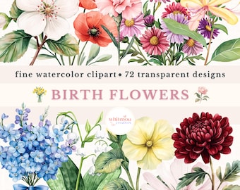 Watercolor Birth Flowers Clipart: 72 PNG Floral Illustrations (Digital Download)