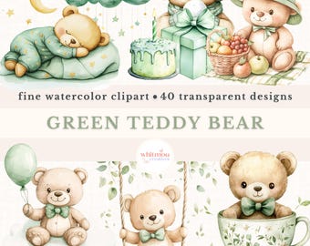 May include: A set of watercolor illustrations featuring green teddy bears in various poses. The bears are wearing green bows and are surrounded by green leaves, clouds, and other whimsical elements. The illustrations are perfect for creating invitations, cards, and other craft projects.