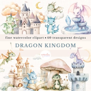 Clipart del Reino de los Dragones en acuarela, lindos dragones bebés, paquete PNG, clipart del castillo de hadas, dibujos del Reino mágico, decoración de guardería para el primer cumpleaños
