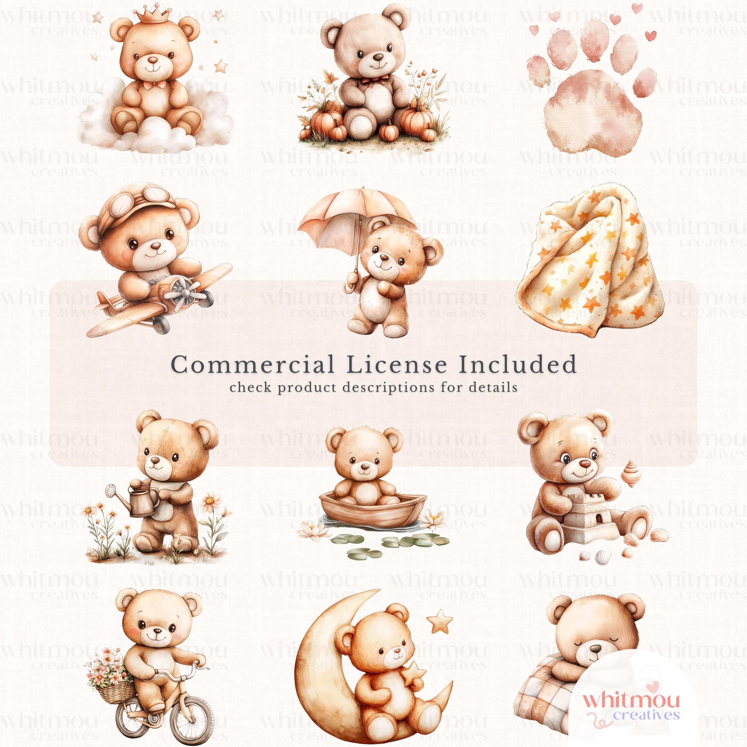 Watercolor Teddy Bear Clipart Bundle: Boho Nursery PNG (digital ...