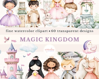 Watercolor Princess Clipart Bundle: Royal Prince, Castle, Unicorn (PNG Digital Download)