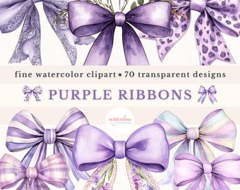 Watercolor Purple Ribbon Clipart: 70 Bow PNG Designs (Commercial Use)