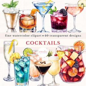 Pacchetto di clipart di cocktail ad acquerello Uso commerciale Pacchetto PNG di cocktail per matrimoni Clipart di menu di bar Clipart di bevande alcoliche Illustrazioni di bevande