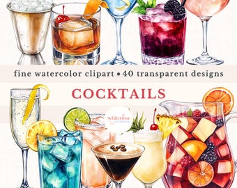 Paquete de imágenes prediseñadas de cócteles en acuarela: Menú de bar PNG (descarga digital)