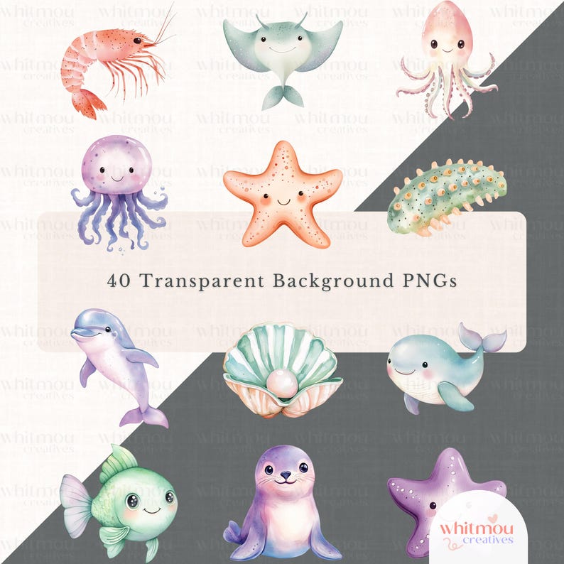 Peut inclure: Un ensemble de 40 illustrations d'animaux marins &agrave; l'aquarelle avec des fonds transparents. Les illustrations comprennent une &eacute;toile de mer, un hippocampe, une m&eacute;duse, un dauphin, une tortue de mer, une palourde, un phoque et une pieuvre.