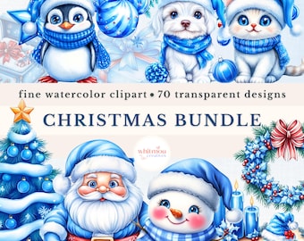 May include: A watercolor clipart bundle featuring 70 Christmas designs. The bundle includes a penguin, a dog, a cat, Santa Claus, a snowman, a Christmas tree, a wreath, and other festive elements. All designs are in blue and white.