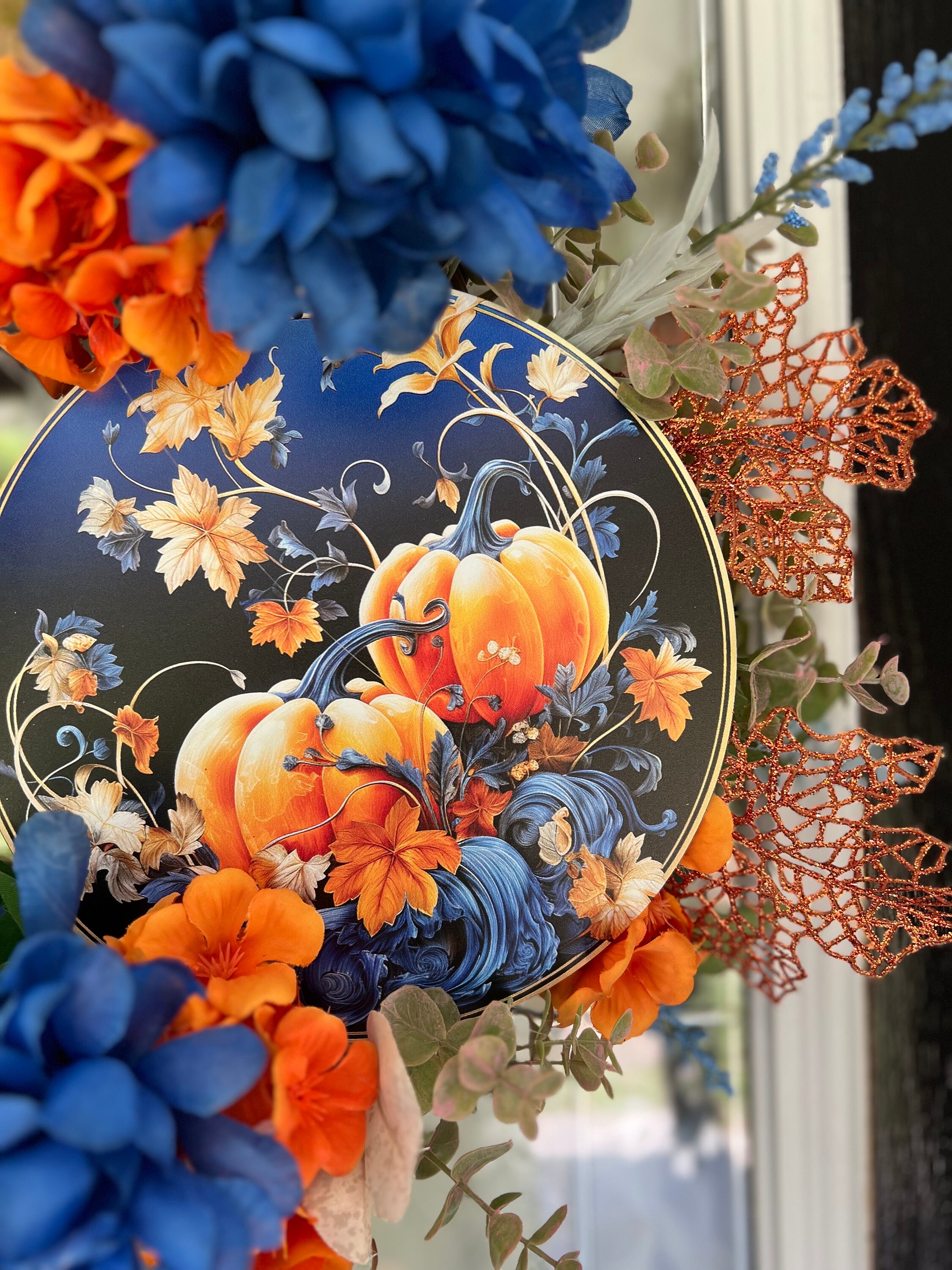 Navy Blue & Orange Pumpkin Fall Wreath: Front Door Decor - Etsy