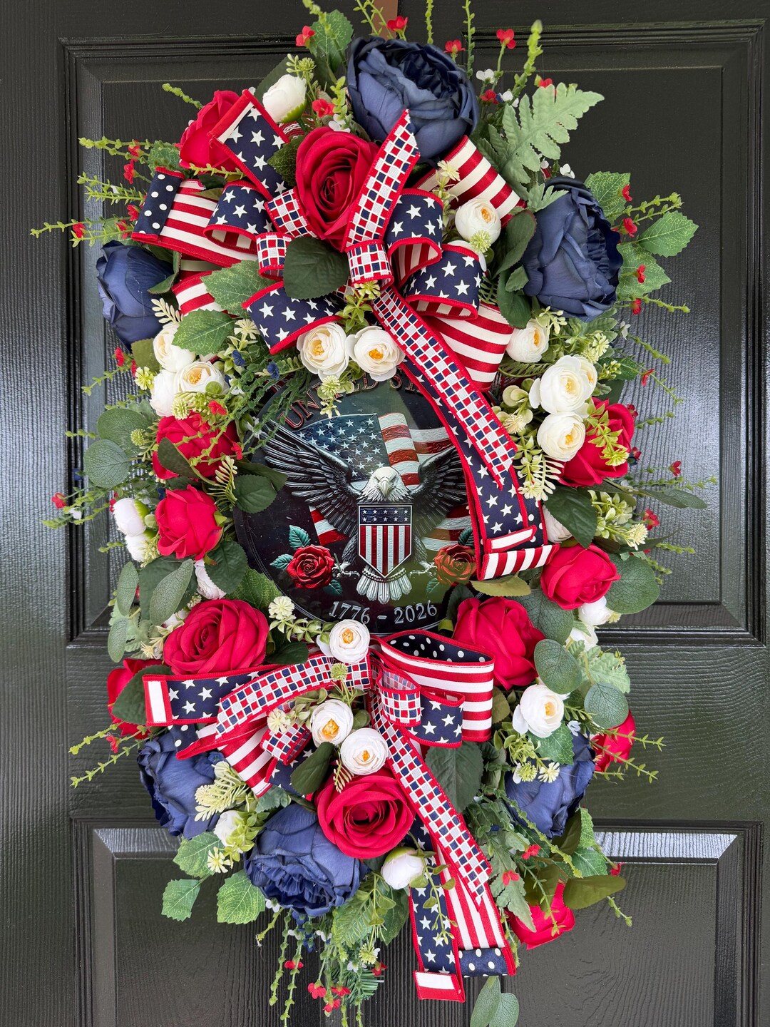 Patriotic Floral Wreath Swag, Red White Blue Roses, Eagle Flag ...