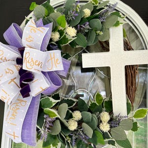 Easter Cross Grapevine Wreath: He Is Risen Ribbon, Lavender Accents