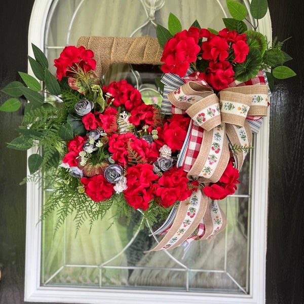 Geranium Flower Box Wreath, Flower Box Wreath, Geranium Wreath, Porch Wreath, Indoor Wreath, Window Box Wreath, Floral Wreath, Red Geranium
