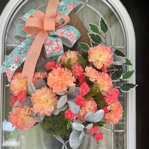 Peach Floral Spring Wreath: Coral Blooms, Pastel Bow
