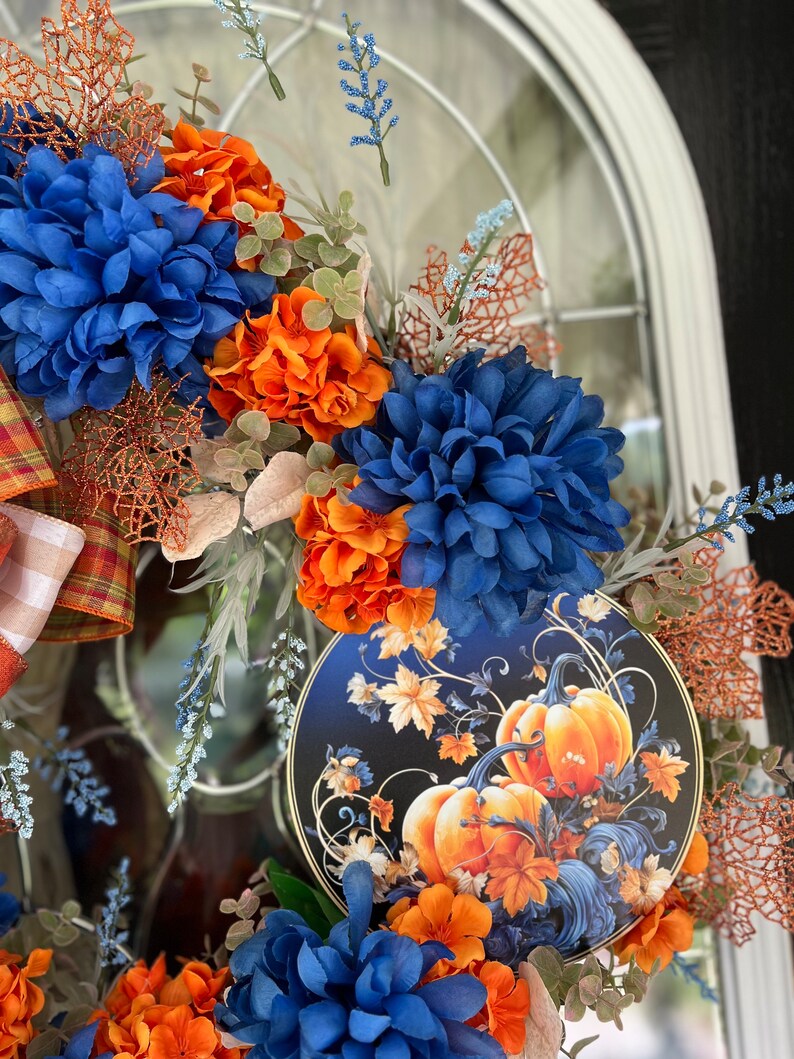 Navy Blue & Orange Pumpkin Fall Wreath: Front Door Decor - Etsy