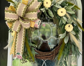 Neutral Fall Wreath: Faux Pumpkins, Rustic Grapevine, Autumn Decor