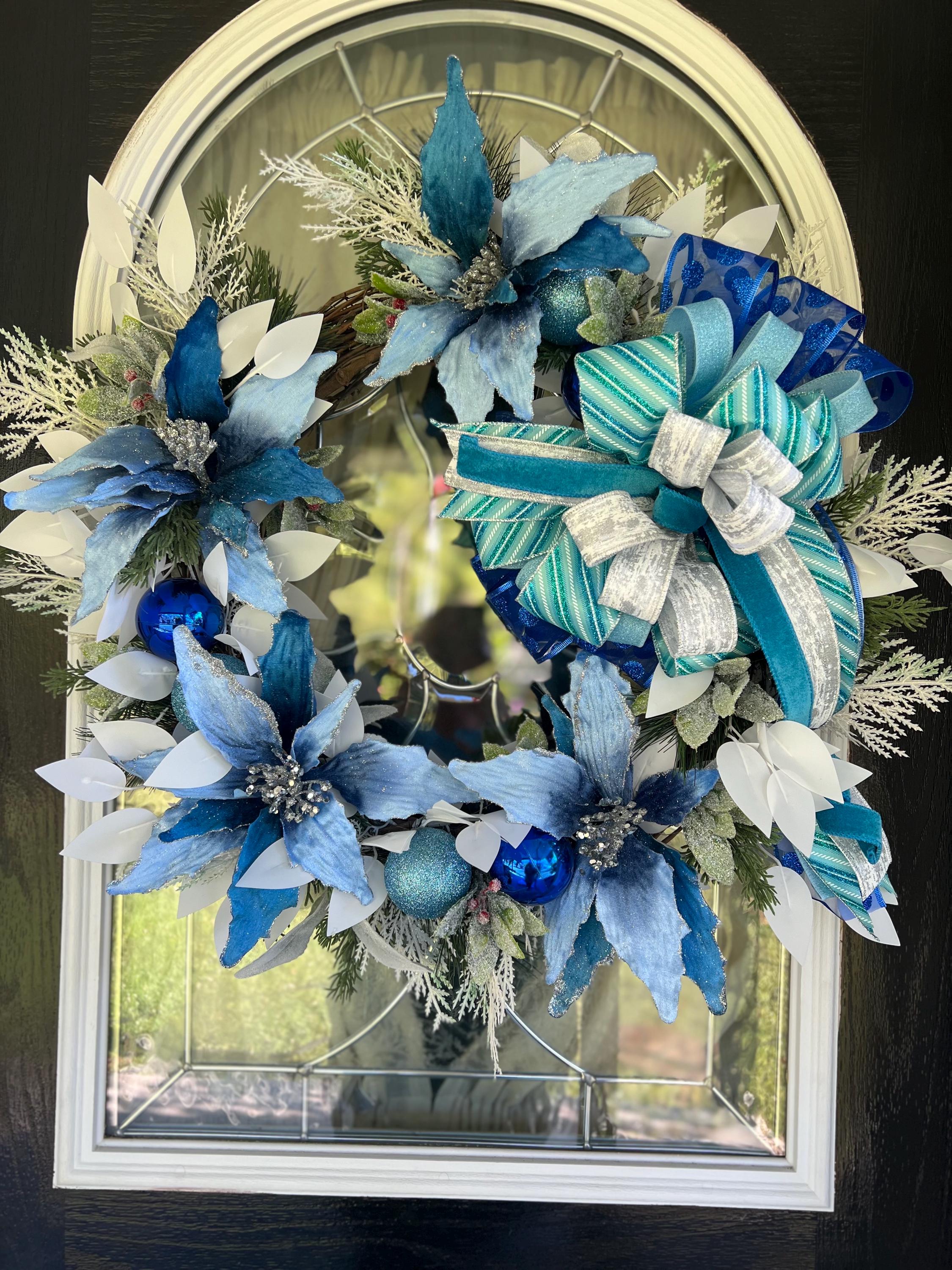 Blue Poinsettia Christmas Wreath: Winter Wonderland Door Decor - Etsy