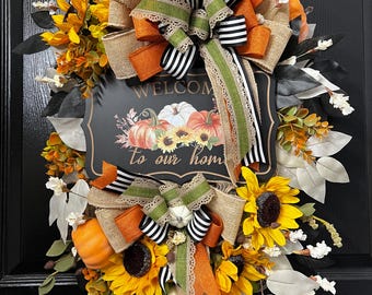 Sunflower Pumpkin Fall Wreath: Farmhouse Autumn Door Decor