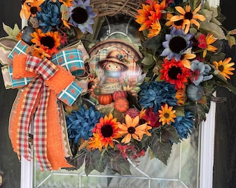 Scarecrow Sunflower Wreath: Blue & Orange Fall Door Decor